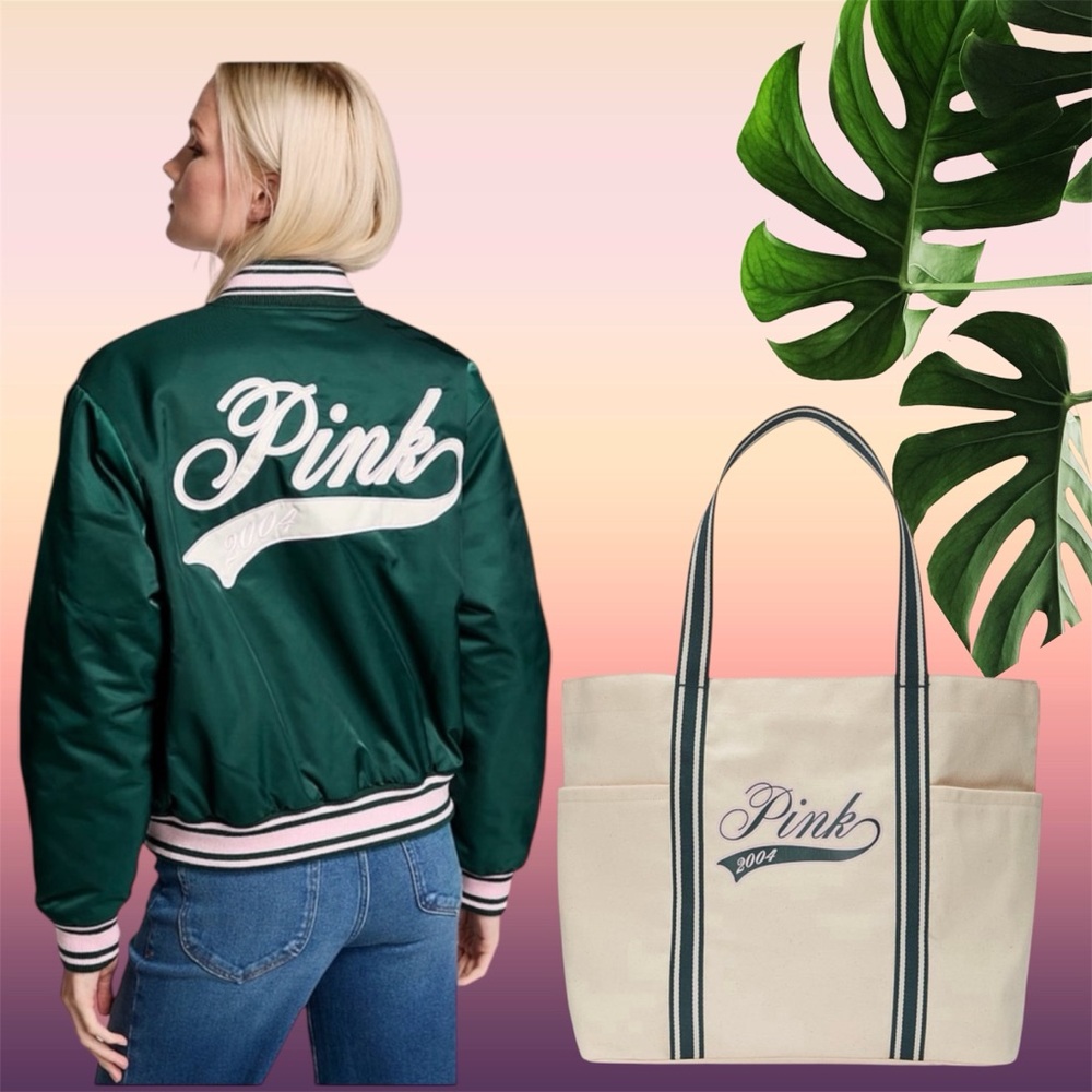 NWT VS PINK VARSITY JACKET DEEP IN FOREST LIMITED EDITION LARGE PLUS FREE TOTE